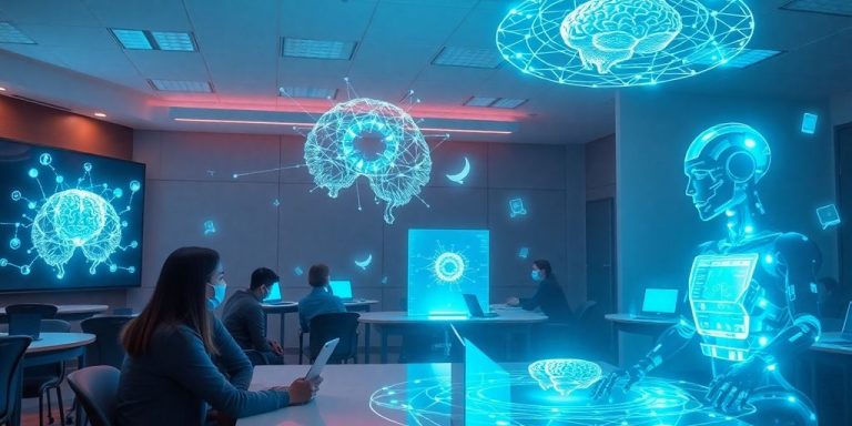 Holographic neural networks and robotic tutors in a classroom.