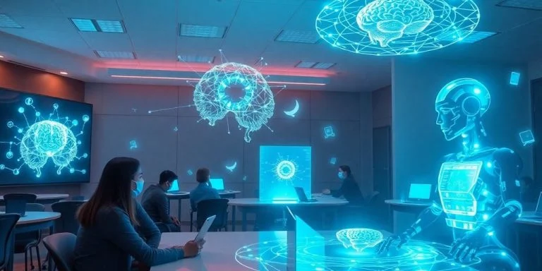 Holographic neural networks and robotic tutors in a classroom.