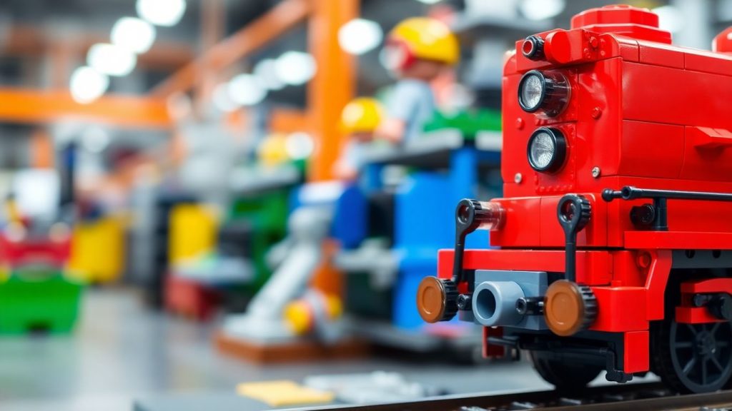 Close-up of a 3D printed LEGO train engine.