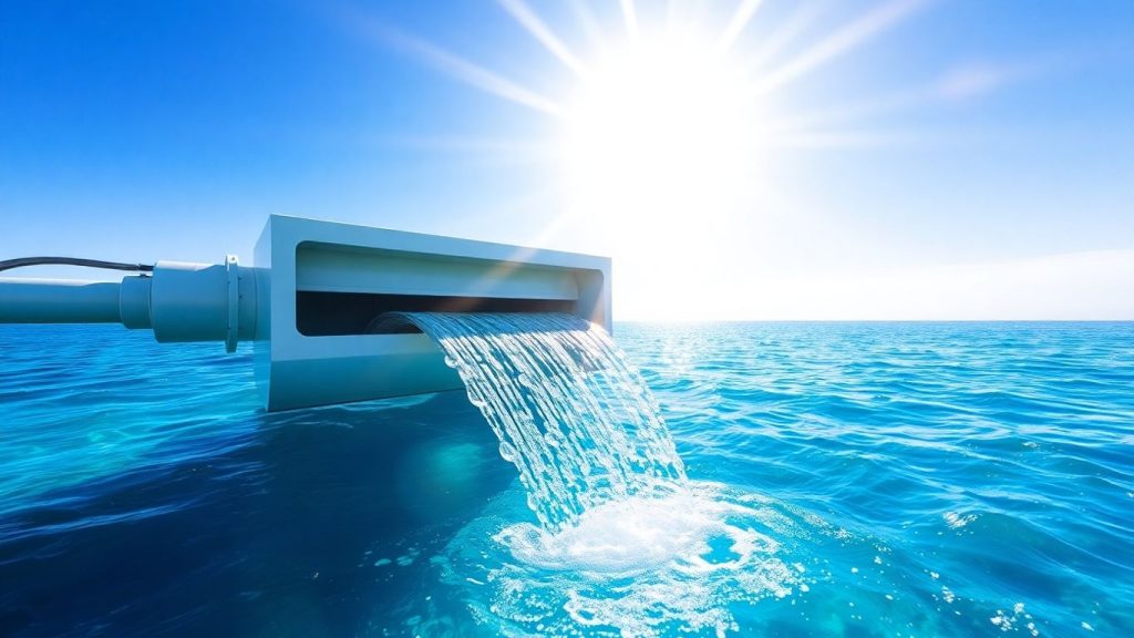 Solar desalination device collecting sunlight and producing fresh water.