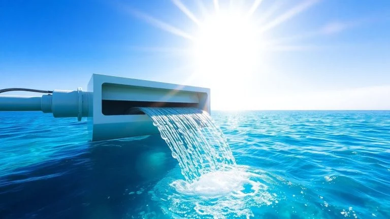 Solar desalination device collecting sunlight and producing fresh water.