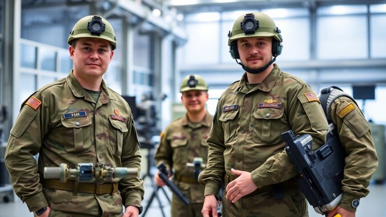 Soldiers and advanced technology in a military setting.