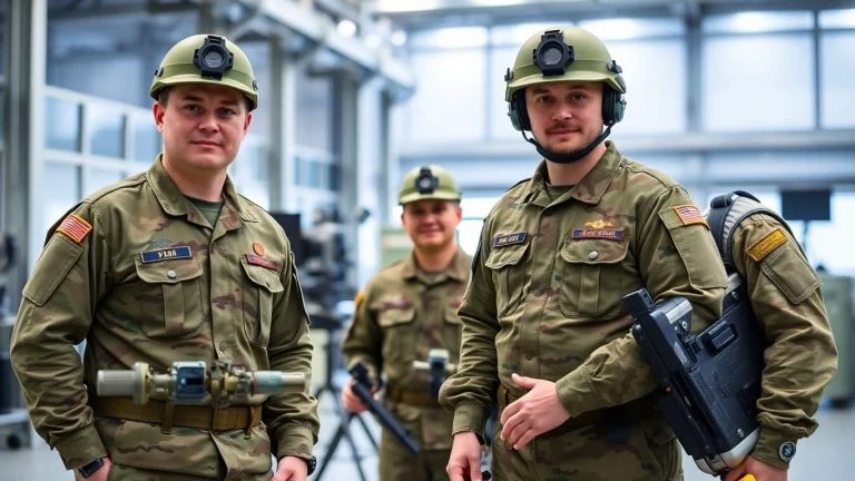 Soldiers and advanced technology in a military setting.