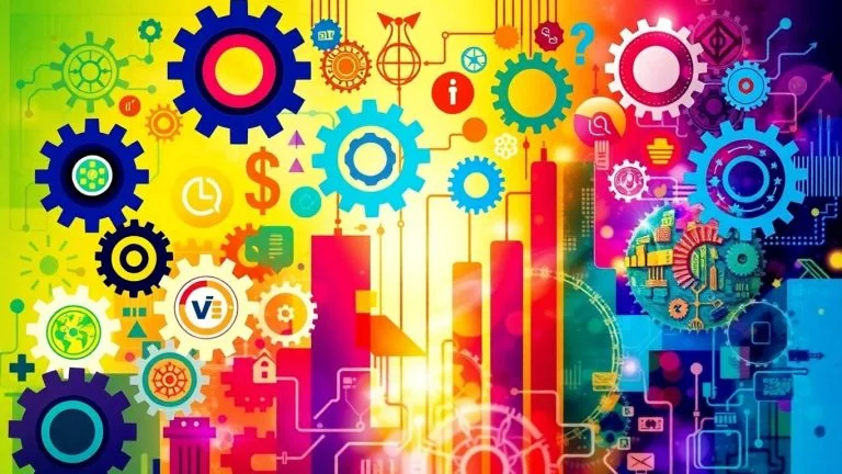 Diverse industry icons with bright, energetic colors.