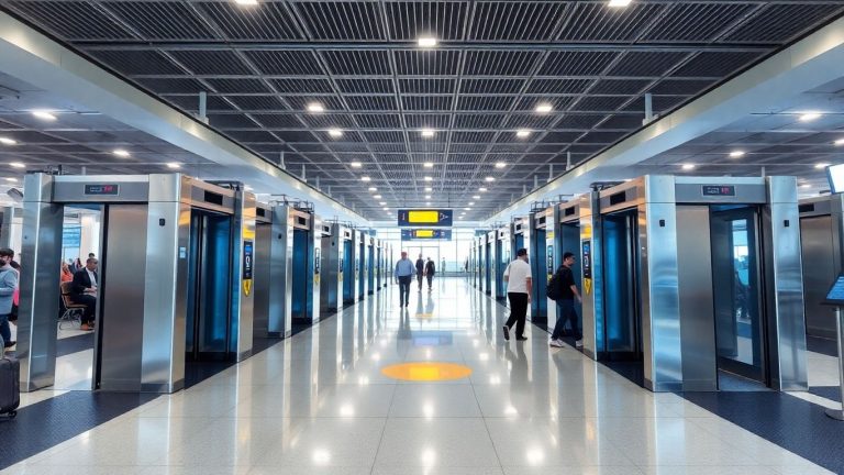 Airport security checkpoint with advanced screening equipment.