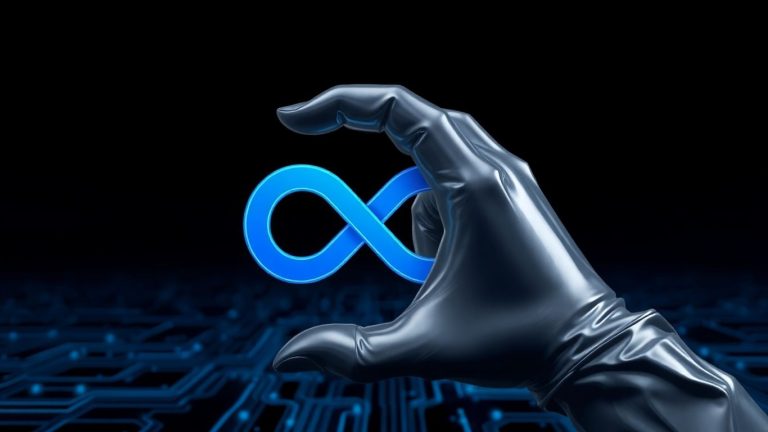 Meta logo protected by a hand against digital background.