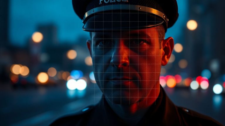 Police officer with facial recognition grid overlay.