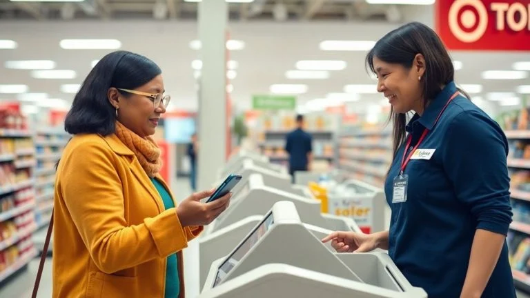 Blind customer uses Target self-checkout with assistance.