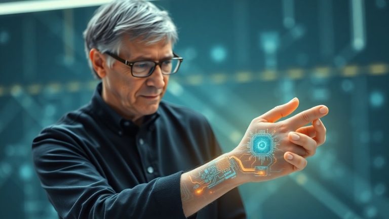 Bill Gates observes futuristic electronic tattoo replacing smartphones.