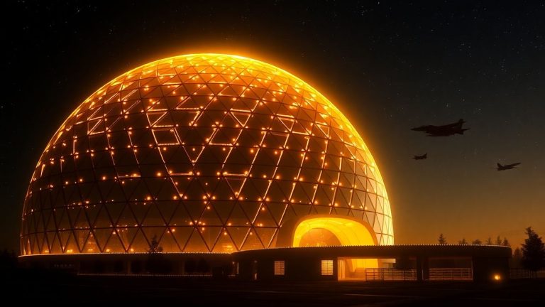 Futuristic golden dome structure with aircraft.