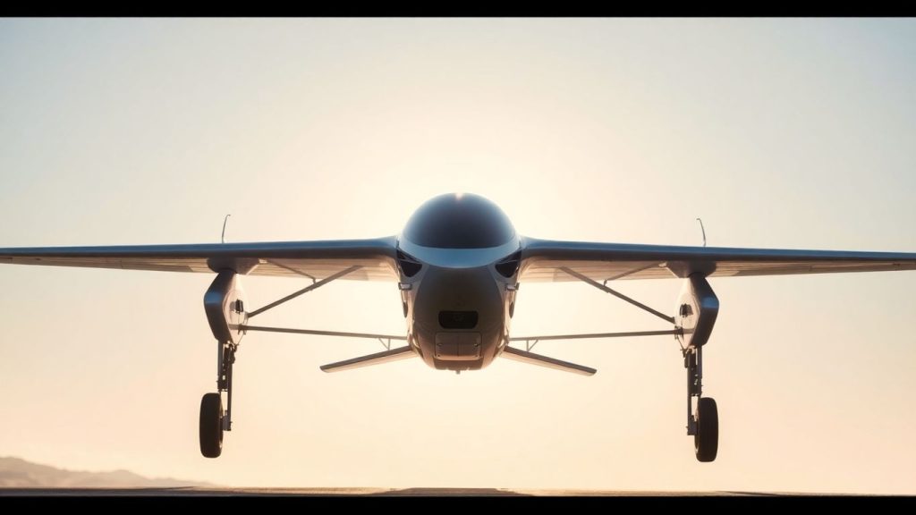 Futuristic electric aircraft ready for takeoff in a clear sky.