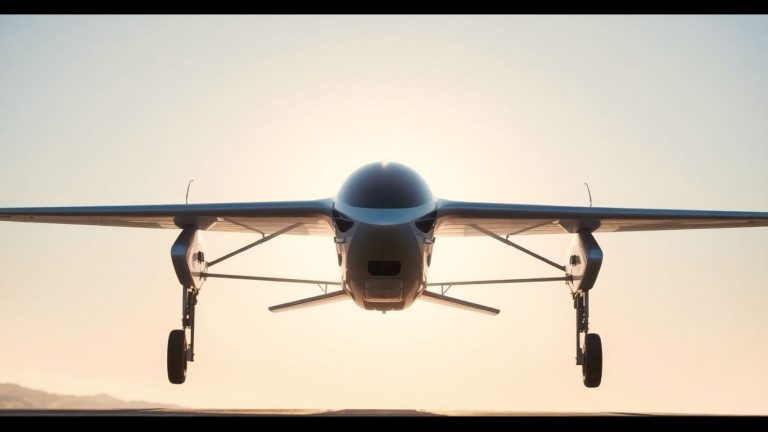 Futuristic electric aircraft ready for takeoff in a clear sky.
