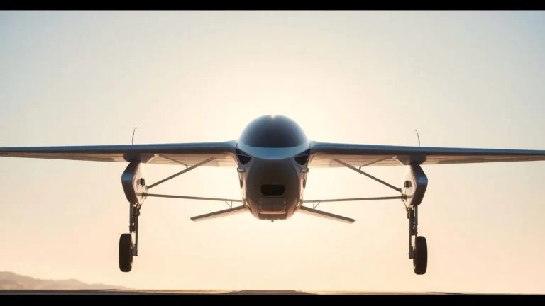 Futuristic electric aircraft ready for takeoff in a clear sky.