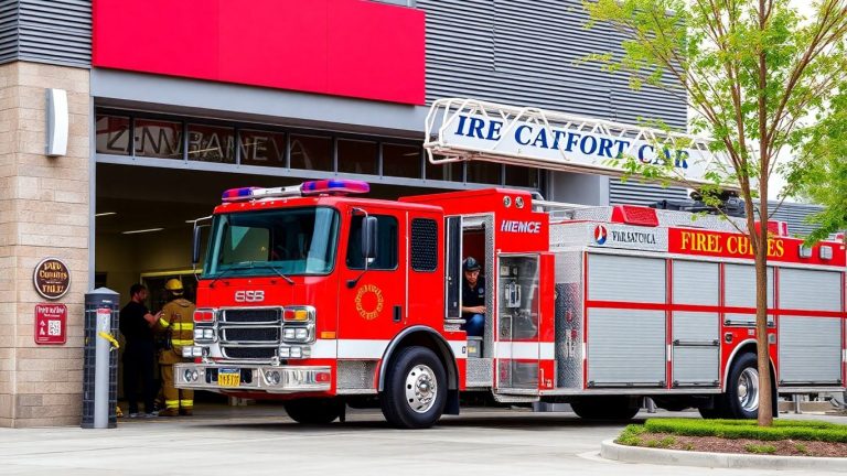 Firefighters and fire truck at station.