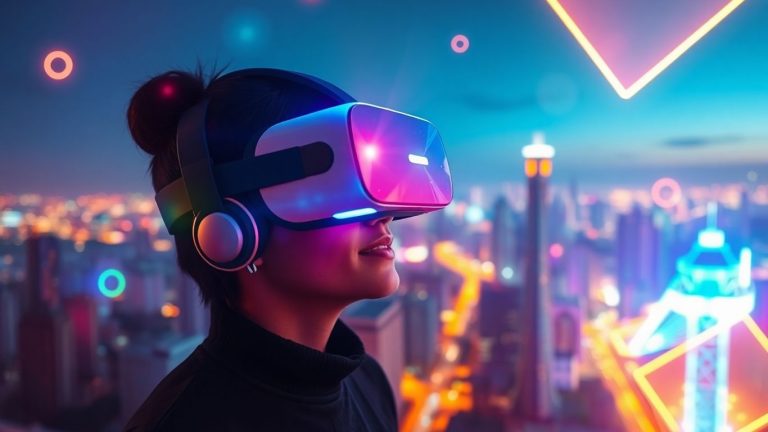 Person in VR headset merges digital world with real city.