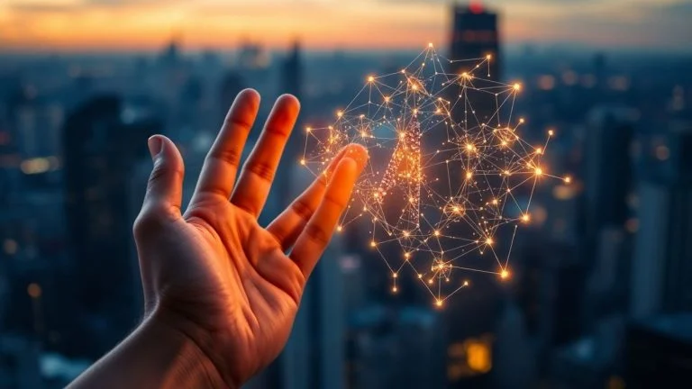 AI impacting the real world, cityscape background.