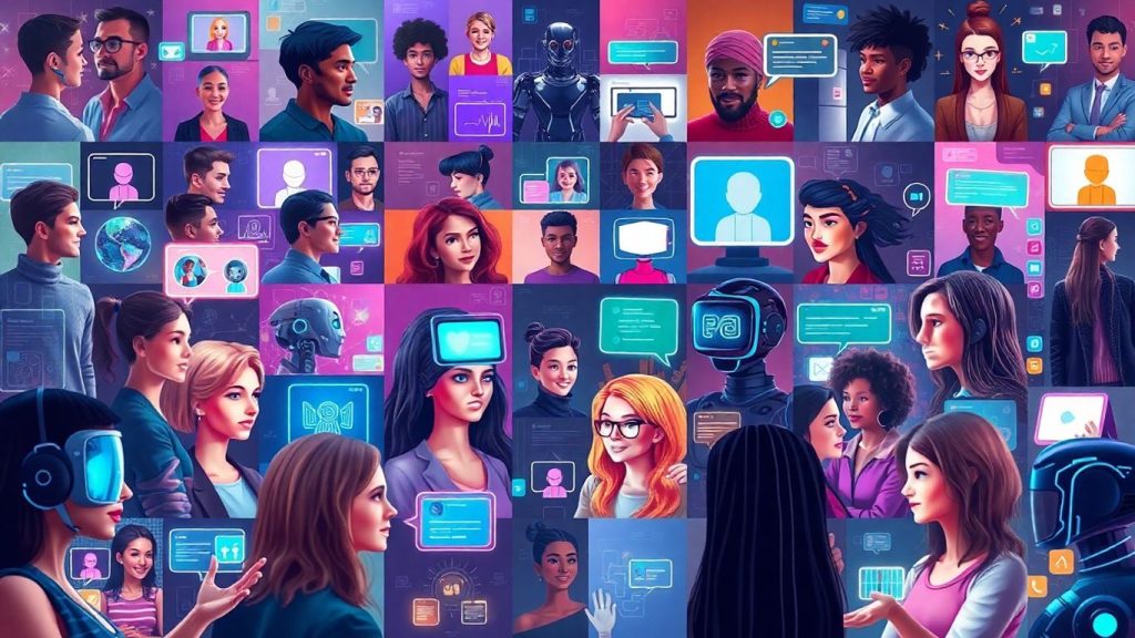 AI chat characters interacting on digital interfaces.