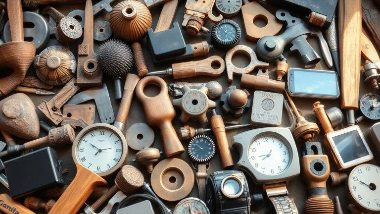 Diverse collection of technological objects from ancient to modern.