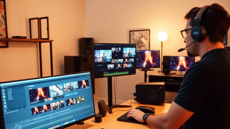 Creative professional editing video in modern studio workspace