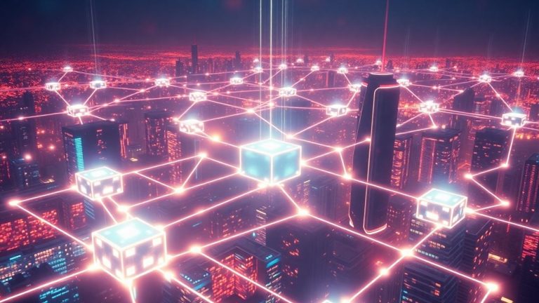 Futuristic blockchain network connecting a digital cityscape.