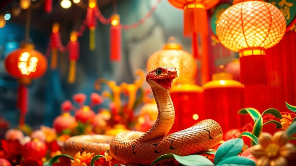 Playful snake among Chinese New Year decorations
