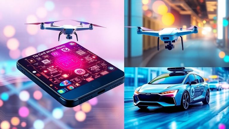 Collage of modern technologies like smartphones, drones, and self-driving cars.