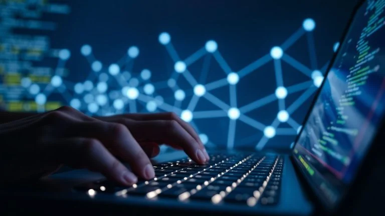 Developer coding blockchain with glowing digital network.