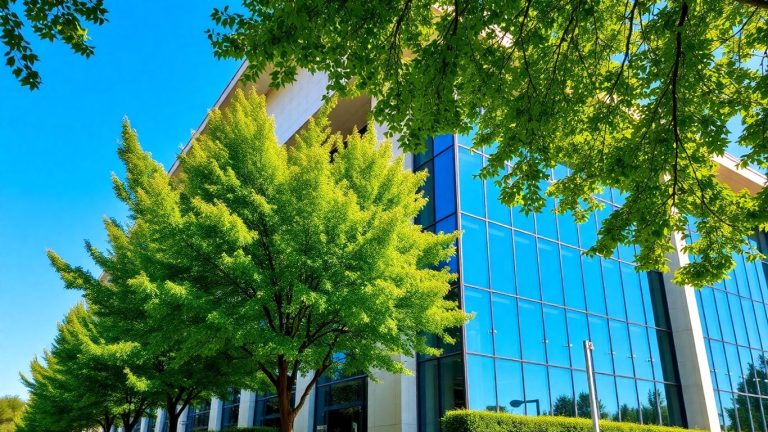 Modern building with glass windows and green trees.