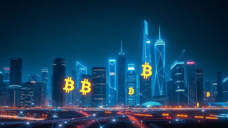 Futuristic cityscape with blockchain network connections.