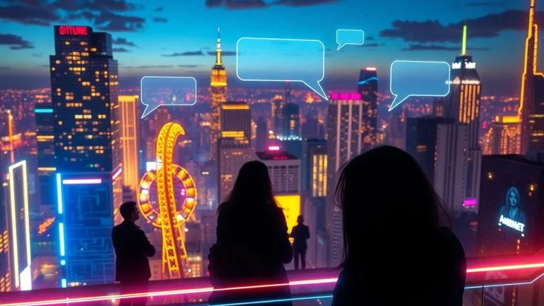 Futuristic cityscape with glowing AI chat bubbles.