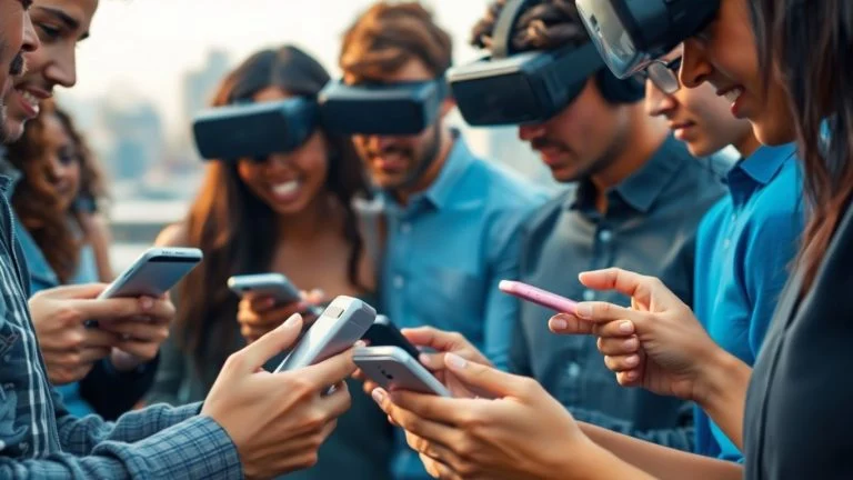 Diverse people using modern technology devices.