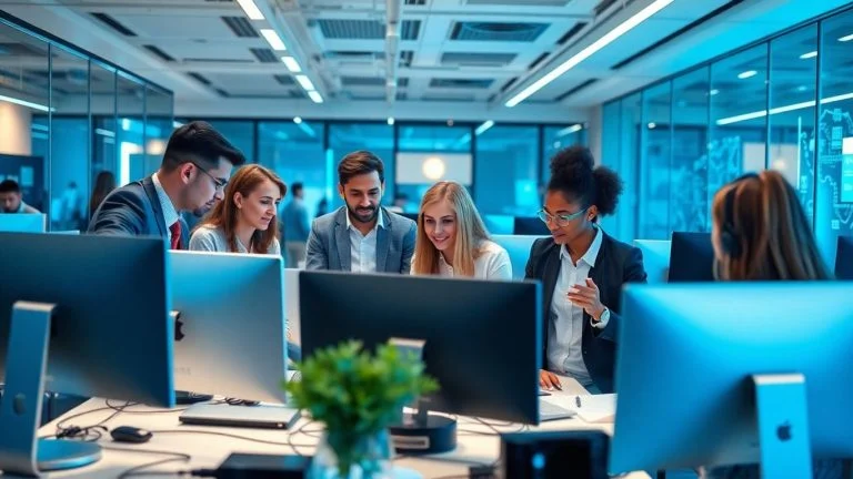 Modern office teamwork with digital devices and futuristic technology.