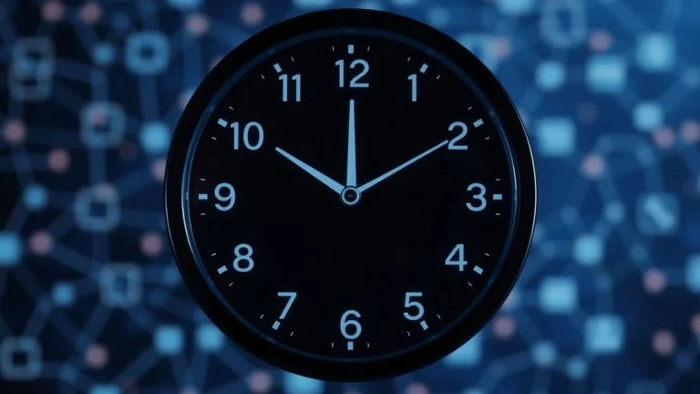 Blockchain transaction delay visualized with a frozen clock.