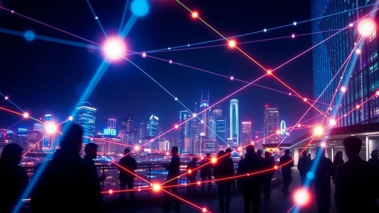 Interconnected digital world and human silhouettes in a cityscape.