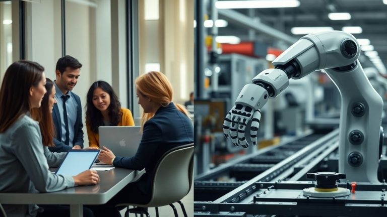 Human workers and robot in a futuristic work setting.