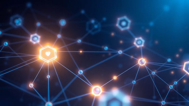 Interconnected network of glowing nodes and geometric shapes.