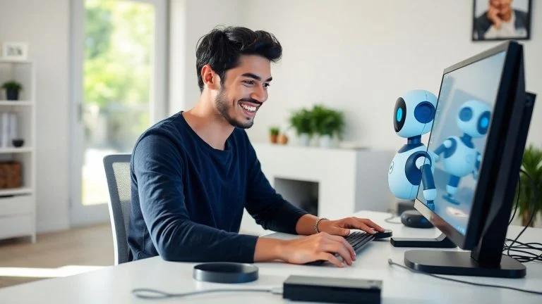 Person chatting with friendly robot on computer screen