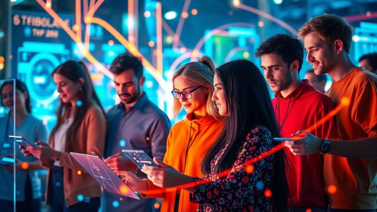 People interacting with futuristic technology, innovation, and connection.