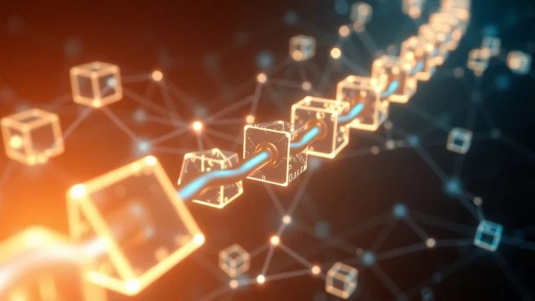 Interconnected glowing blocks forming a digital chain.