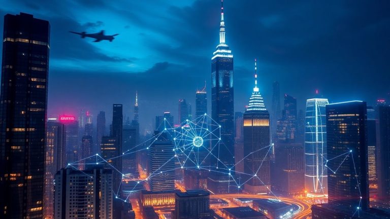 Futuristic cityscape with glowing AI neural network patterns.