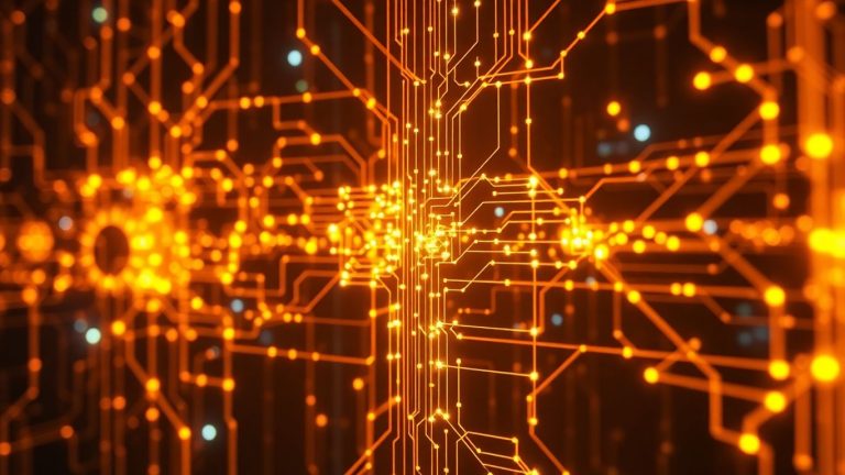 Abstract glowing network of digital circuits representing AI.