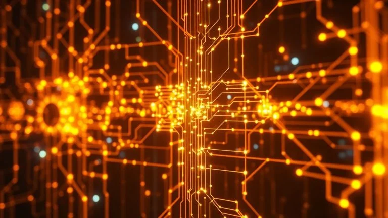 Abstract glowing network of digital circuits representing AI.