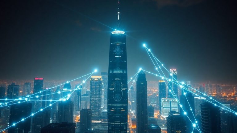 Futuristic cityscape with glowing digital data streams.