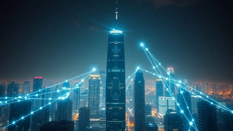 Futuristic cityscape with glowing digital data streams.