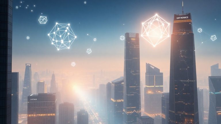 Futuristic city with glowing digital connections and geometric shapes.