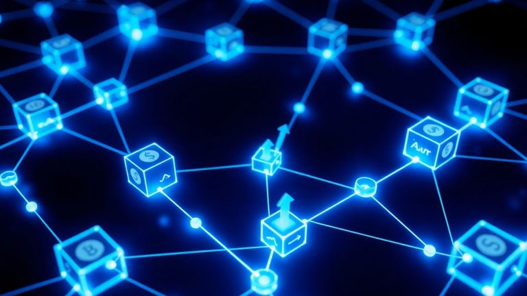 Blockchain network with financial icons.