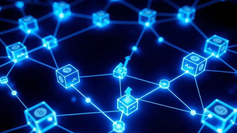 Blockchain network with financial icons.