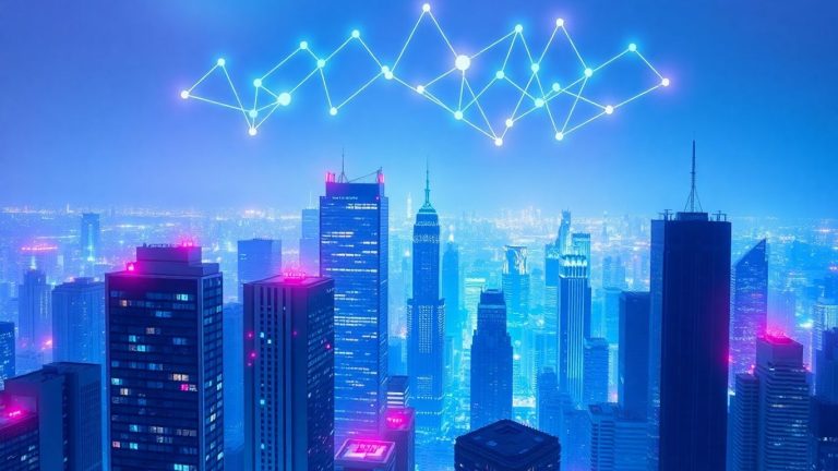 Futuristic cityscape with glowing blockchain network above.