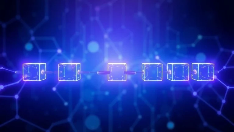 Interconnected digital blocks forming a futuristic chain network.