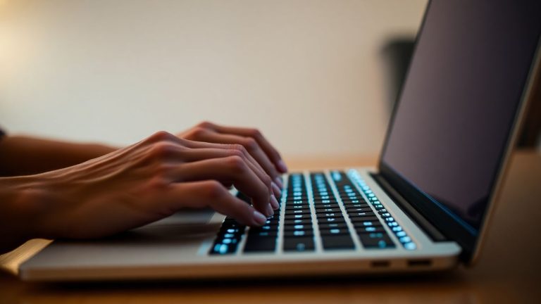 Hands typing on a laptop keyboard.